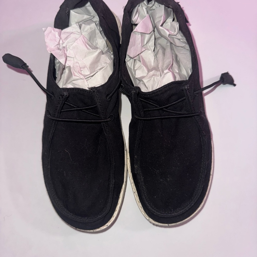 Hey Dude Black Shoes with White Speckled Soles